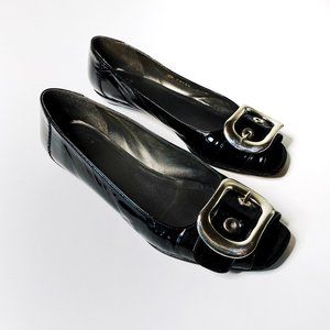 Stuart Weitzman Patent Peep Toe Buckle Flats Sz 9